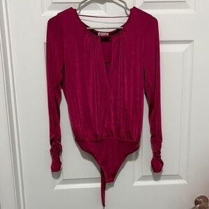 Free People Deep Magenta V-Neck Long Sleeve Bodysuit